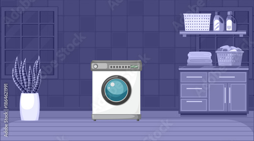Vector Graphic of a Contemporary Domestic Laundry Room with Front Load Washer and Shelving