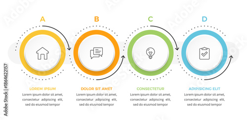 Horizontal infographic template showing four connected circles with icons