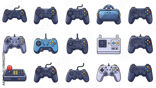 Collection of various video game controllers and joysticks.