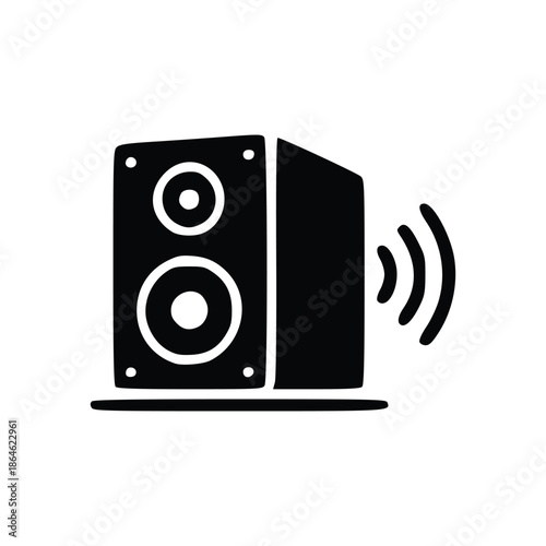 A black and white illustration of a speaker emitting sound waves.