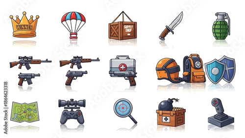 Collection of video game icons and assets for gaming.