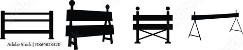 Construction Barrier and Gate Icon Set – Black and White Silhouette, Outline and One Line Drawing Vector Illustration Isolated on White Background