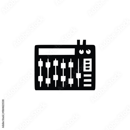 A black and white illustration of a sound mixing board with sliders and knobs.