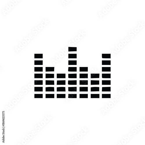 A black and white graphic representation of an audio equalizer with varying bar heights.
