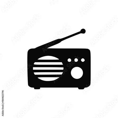 A black silhouette of a vintage portable radio with an extended antenna.