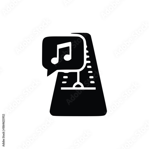 A black and white illustration of a metronome with a musical note inside a speech bubble.