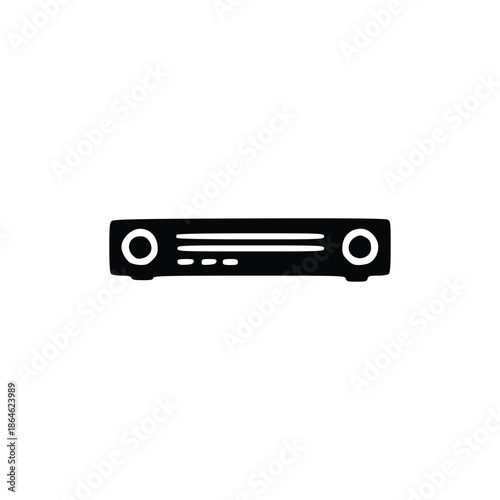 A minimalist black and white illustration of a stereo receiver or audio amplifier.