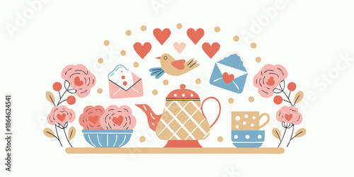 A charming illustration of a love themed tea set with hearts and a bird