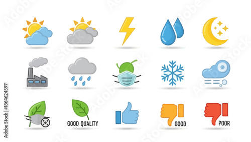 Collection of weather and quality icons for design.