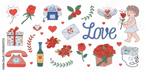 A charming collection of love themed illustrations hearts roses and gifts