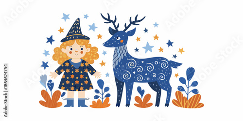 A whimsical illustration showcasing a young witch and a majestic blue deer