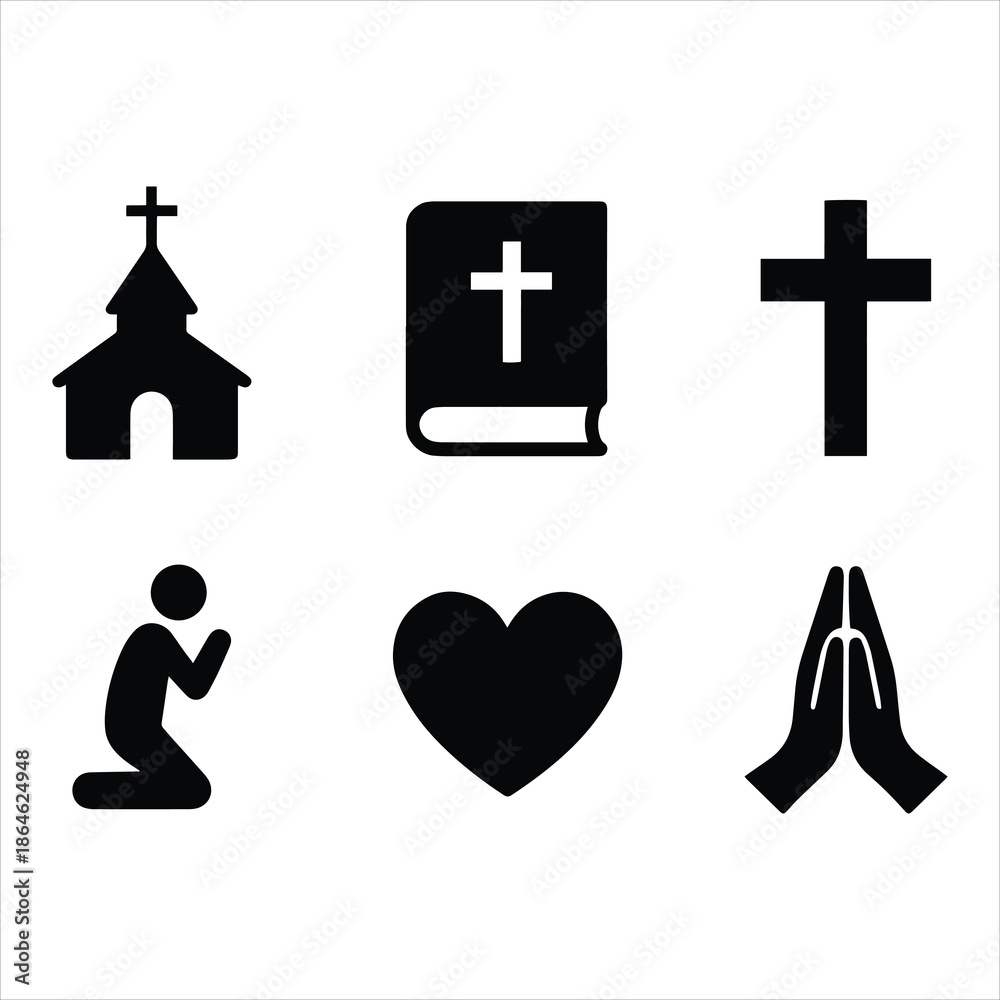 Obraz premium Christian Faith Symbols Set – Church, Bible, Cross, Prayer & Love Icons