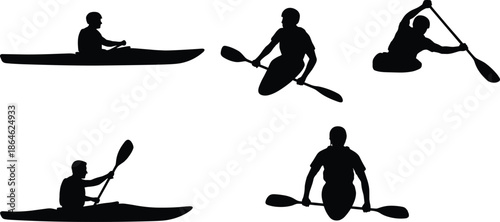 Professional Kayaker Silhouettes Set for Water Sports Action Adventure Kayaking River Rafting Competition Outdoors Recreation Lifestyle and Active Summer Vacation Design