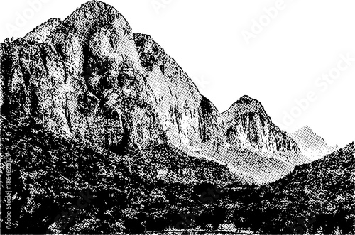 Hand Drawn Engraving of a Large Mountain Range, classic engraving techniques like cross-hatching and fine linework to create depth, shadow, and texture across the rocky slopes and valley floor.