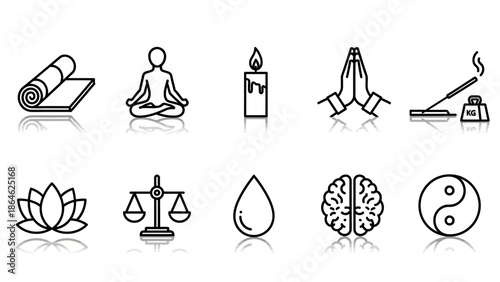 Collection of wellness and mindfulness icons with reflections.