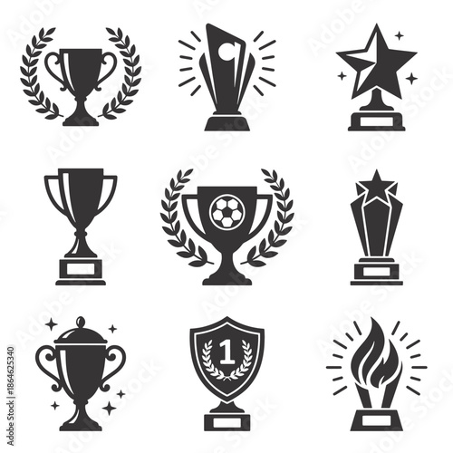 Set of Nine Sport Trophies and Awards Icons Vector Illustration