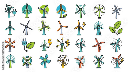 Collection of wind turbine icons representing renewable energy generation.