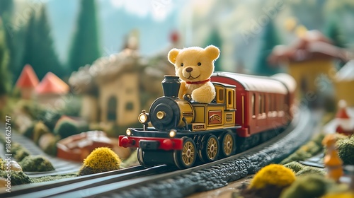 Teddy bear traveling on a toy train through a picturesque landscape