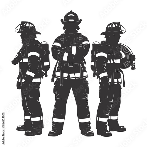 Firefighter Team Silhouettes in Full Protective Gear with Equipment Vector Illustration