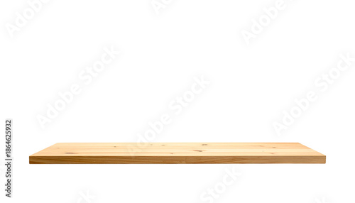 A simple wooden shelf, rectangular in shape, is presented against a stark black background. It appears ready for display