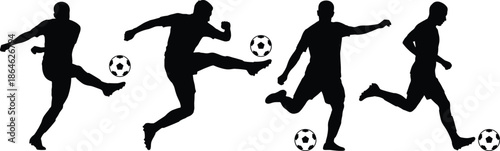 Set of four black silhouettes of professional soccer players in action poses including kicking jumping and dribbling isolated on white