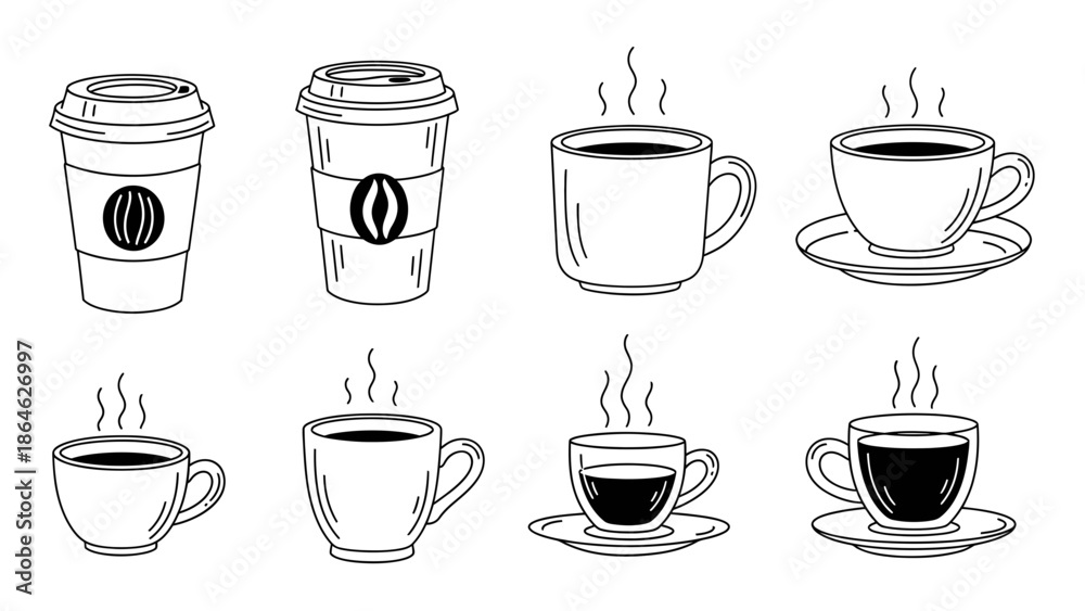 Fototapeta premium Hot Coffee Cup Line Art Icons Set