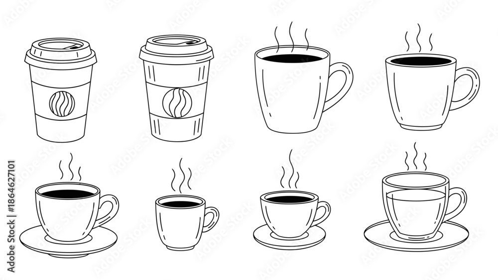 Obraz premium Hot Coffee Cup Line Art Icons Set