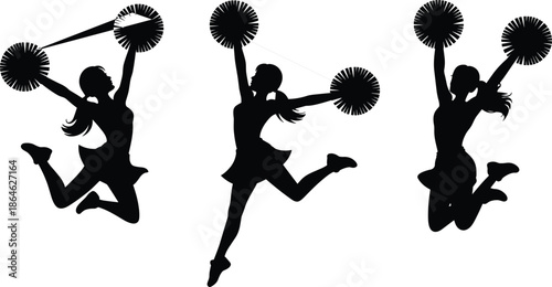 Cheerleader silhouette vector illustration, pom pom dance action, female athlete jump, sports spirit energy, black white graphic design flat art