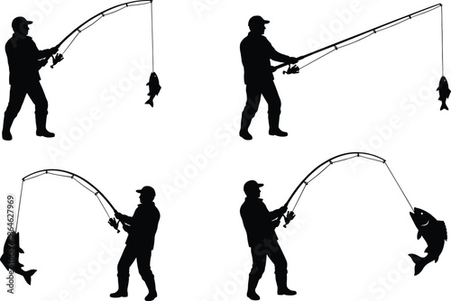 Silhouette Collection of Fisherman Catching Large Fish with Rod and Reel in Various Poses for Outdoor Recreation and Sport Fishing
