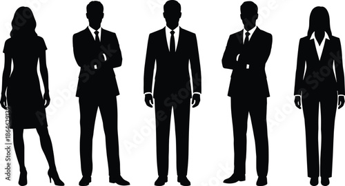 Silhouette of professional business people group standing in suits on white background representing corporate team leadership success and career growth