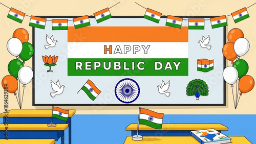 Happy republic day celebration in a classroom with indian flags, balloons, and decorations on desks and board, symbolizing patriotism and national pride