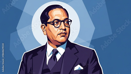 Illustration of a middle aged man in a suit and glasses against a blue background with geometric shapes with business and formal and portrait
