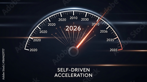 A futuristic speedometer with glowing red needle and 2024 display