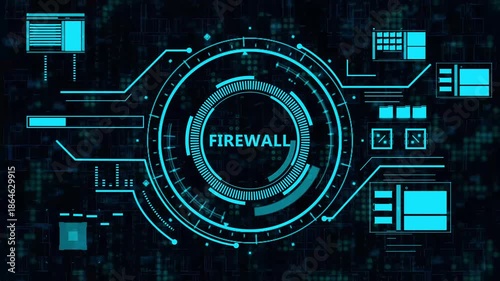 firewall security hud  animation.High-tech dashboard interface displays a firewall breach alert, showing unauthorized access, digital threat indicators, and cybersecurity warning signals