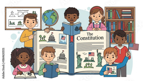 Diverse group of children reading books about american history and government in a classroom setting with educational materials with government education