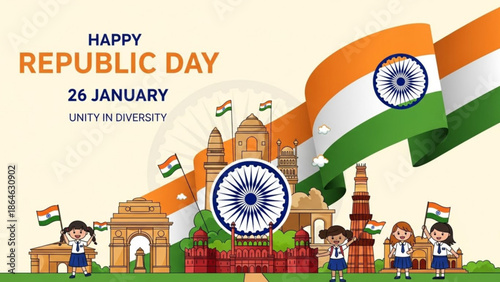 Indian republic day celebration with children waving flags in front of famous landmarks, symbolizing unity and diversity on january 26th with Indian flag