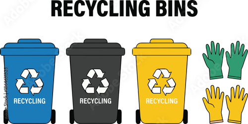 Recycling bins and gloves illustration with blue, black, yellow containers, flat vector design, waste management and safety concept