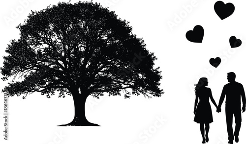 Romantic couple silhouette under tree, love hearts floating, emotional outdoor scene, black and white artwork, flat vector illustration, nature theme