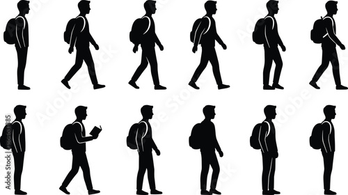 Silhouette set of backpacked person walking and standing, motion study grid, flat vector illustration, posture variation design
