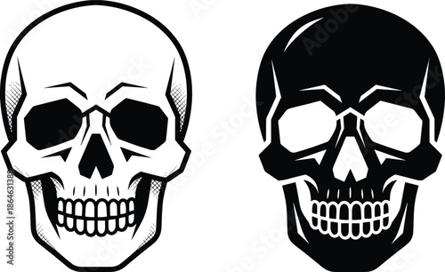 skull illustration comparison, black white anatomy, stylized human skulls, graphic contrast, bold design, artistic texture, flat vector illustration