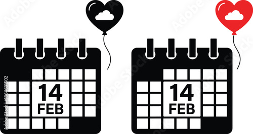 Valentine’s Day calendar icons with heart balloons and “14 FEB” text, flat vector illustration, romantic holiday design