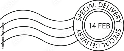 Valentine’s Day postal stamp with “14 FEB” and cancellation lines, flat vector illustration, romantic mail delivery design