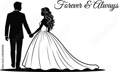 wedding couple silhouette, romantic moment, forever love, bride and groom, elegant pose, commitment, black and white, flat vector illustration