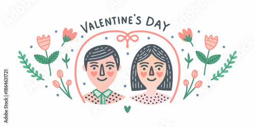 Valentine s day illustration featuring a couple and floral decorations