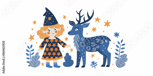 A whimsical illustration of a young witch and a speckled blue deer