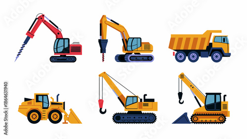 Construction heavy machinery, excavators, dump truck, crane, loader set