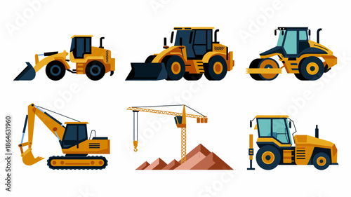 Construction vehicles and heavy machinery set, excavator, roller, loader, crane