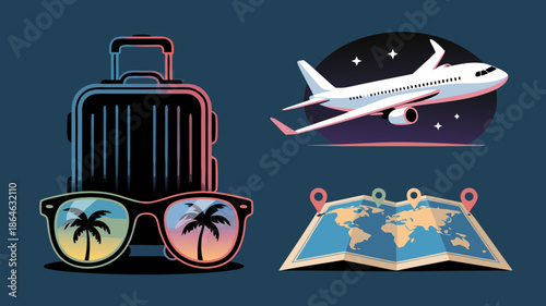 Travel vacation concept, essential items for global journey, flat vector illustration