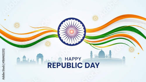 Vibrant indian republic day celebration with tricolor flag and ashoka chakra symbol on white background with cityscape silhouette with Indian flag