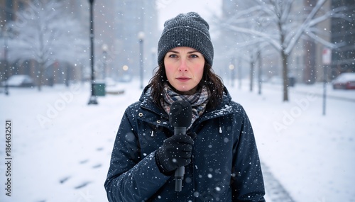 Female news reporter holding a microphone in the snow. Journalist reporting live on a winter storm in the city
